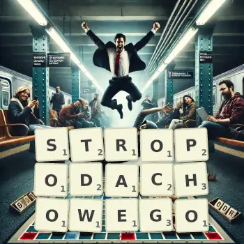 Kreatywna ilustracja do gry w Scrabble ze słowem STROPODACHOWEGO ułożonym z płytek na planszy.