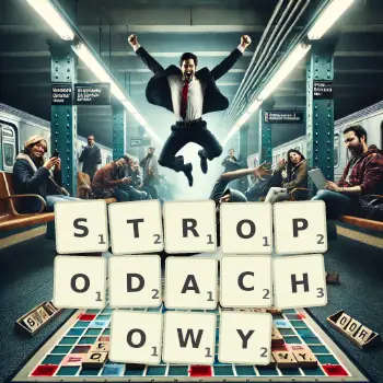 Kreatywna ilustracja do gry w Scrabble ze słowem STROPODACHOWY ułożonym z płytek na planszy.