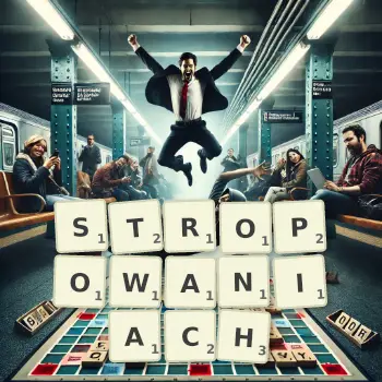 Kreatywna ilustracja do gry w Scrabble ze słowem STROPOWANIACH ułożonym z płytek na planszy.