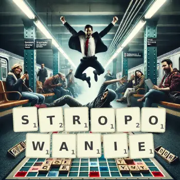 Kreatywna ilustracja do gry w Scrabble ze słowem STROPOWANIE ułożonym z płytek na planszy.