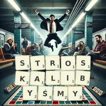 Kreatywna ilustracja do gry w Scrabble ze słowem STROSKALIBYŚMY ułożonym z płytek na planszy.