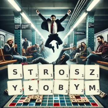 Kreatywna ilustracja do gry w Scrabble ze słowem STROSZYŁOBYM ułożonym z płytek na planszy.