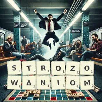Kreatywna ilustracja do gry w Scrabble ze słowem STROZOWANIOM ułożonym z płytek na planszy.