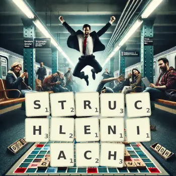 Kreatywna ilustracja do gry w Scrabble ze słowem STRUCHLENIACH ułożonym z płytek na planszy.