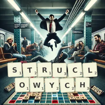 Kreatywna ilustracja do gry w Scrabble ze słowem STRUCLOWYCH ułożonym z płytek na planszy.