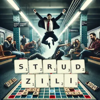 Kreatywna ilustracja do gry w Scrabble ze słowem STRUDZILI ułożonym z płytek na planszy.