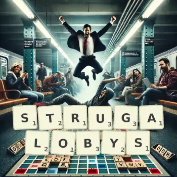 Kreatywna ilustracja do gry w Scrabble ze słowem STRUGALOBYS ułożonym z płytek na planszy.