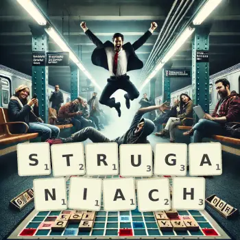 Kreatywna ilustracja do gry w Scrabble ze słowem STRUGANIACH ułożonym z płytek na planszy.
