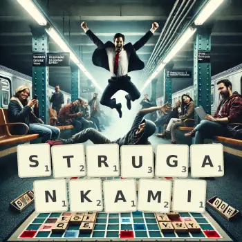 Kreatywna ilustracja do gry w Scrabble ze słowem STRUGANKAMI ułożonym z płytek na planszy.