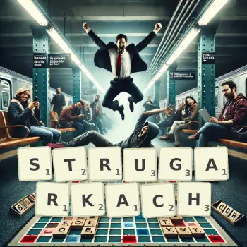 Kreatywna ilustracja do gry w Scrabble ze słowem STRUGARKACH ułożonym z płytek na planszy.