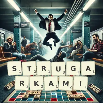 Kreatywna ilustracja do gry w Scrabble ze słowem STRUGARKAMI ułożonym z płytek na planszy.