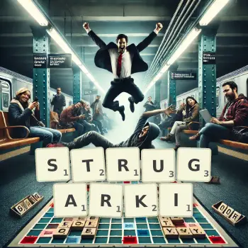 Kreatywna ilustracja do gry w Scrabble ze słowem STRUGARKI ułożonym z płytek na planszy.