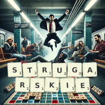 Kreatywna ilustracja do gry w Scrabble ze słowem STRUGARSKIE ułożonym z płytek na planszy.