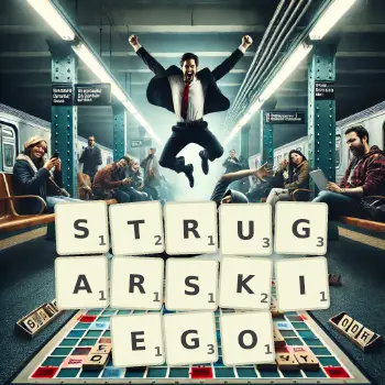 Kreatywna ilustracja do gry w Scrabble ze słowem STRUGARSKIEGO ułożonym z płytek na planszy.