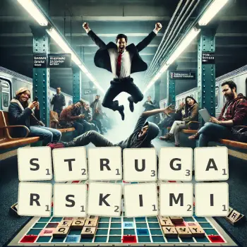 Kreatywna ilustracja do gry w Scrabble ze słowem STRUGARSKIMI ułożonym z płytek na planszy.
