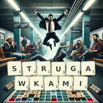 Kreatywna ilustracja do gry w Scrabble ze słowem STRUGAWKAMI ułożonym z płytek na planszy.