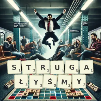 Kreatywna ilustracja do gry w Scrabble ze słowem STRUGAŁYŚMY ułożonym z płytek na planszy.