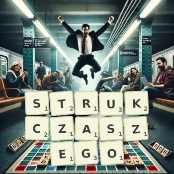 Kreatywna ilustracja do gry w Scrabble ze słowem STRUKCZASZEGO ułożonym z płytek na planszy.