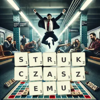 Kreatywna ilustracja do gry w Scrabble ze słowem STRUKCZASZEMU ułożonym z płytek na planszy.