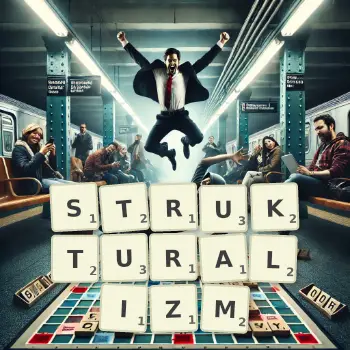 Kreatywna ilustracja do gry w Scrabble ze słowem STRUKTURALIZM ułożonym z płytek na planszy.