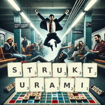 Kreatywna ilustracja do gry w Scrabble ze słowem STRUKTURAMI ułożonym z płytek na planszy.