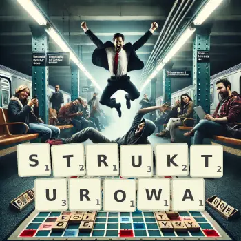 Kreatywna ilustracja do gry w Scrabble ze słowem STRUKTUROWA ułożonym z płytek na planszy.