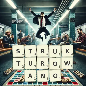 Kreatywna ilustracja do gry w Scrabble ze słowem STRUKTUROWANO ułożonym z płytek na planszy.