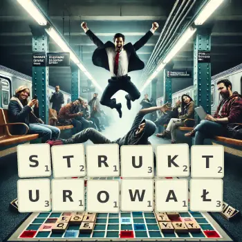 Kreatywna ilustracja do gry w Scrabble ze słowem STRUKTUROWAŁ ułożonym z płytek na planszy.