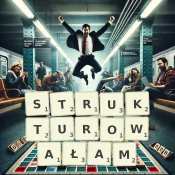 Kreatywna ilustracja do gry w Scrabble ze słowem STRUKTUROWAŁAM ułożonym z płytek na planszy.