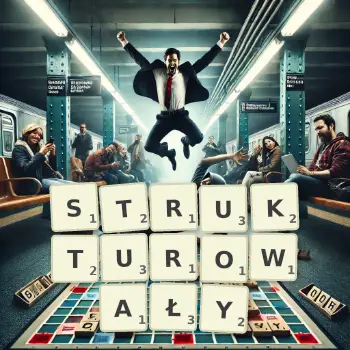 Kreatywna ilustracja do gry w Scrabble ze słowem STRUKTUROWAŁY ułożonym z płytek na planszy.