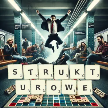 Kreatywna ilustracja do gry w Scrabble ze słowem STRUKTUROWE ułożonym z płytek na planszy.