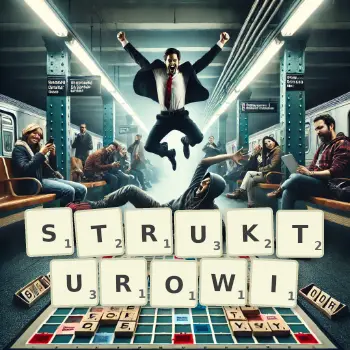 Kreatywna ilustracja do gry w Scrabble ze słowem STRUKTUROWI ułożonym z płytek na planszy.