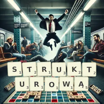 Kreatywna ilustracja do gry w Scrabble ze słowem STRUKTUROWĄ ułożonym z płytek na planszy.