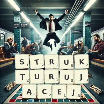 Kreatywna ilustracja do gry w Scrabble ze słowem STRUKTURUJĄCEJ ułożonym z płytek na planszy.