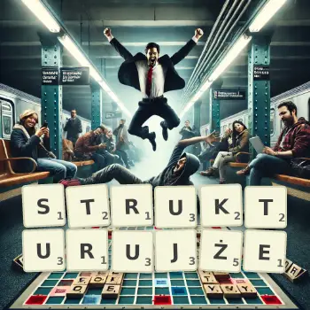 Kreatywna ilustracja do gry w Scrabble ze słowem STRUKTURUJŻE ułożonym z płytek na planszy.