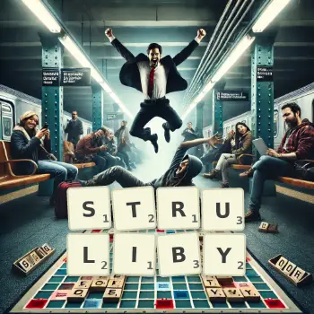 Kreatywna ilustracja do gry w Scrabble ze słowem STRULIBY ułożonym z płytek na planszy.