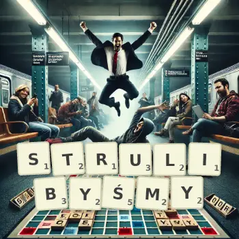 Kreatywna ilustracja do gry w Scrabble ze słowem STRULIBYŚMY ułożonym z płytek na planszy.