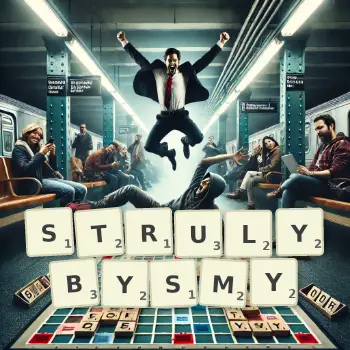 Kreatywna ilustracja do gry w Scrabble ze słowem STRULYBYSMY ułożonym z płytek na planszy.