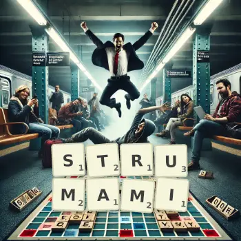 Kreatywna ilustracja do gry w Scrabble ze słowem STRUMAMI ułożonym z płytek na planszy.