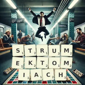 Kreatywna ilustracja do gry w Scrabble ze słowem STRUMEKTOMIACH ułożonym z płytek na planszy.