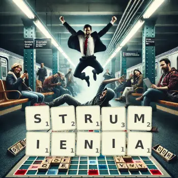 Kreatywna ilustracja do gry w Scrabble ze słowem STRUMIENIA ułożonym z płytek na planszy.