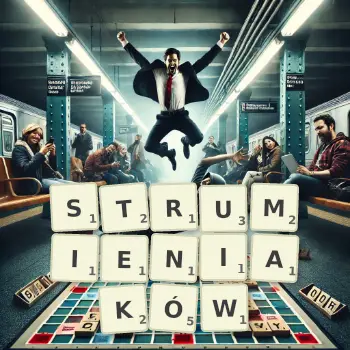 Kreatywna ilustracja do gry w Scrabble ze słowem STRUMIENIAKÓW ułożonym z płytek na planszy.