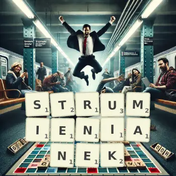 Kreatywna ilustracja do gry w Scrabble ze słowem STRUMIENIANEK ułożonym z płytek na planszy.