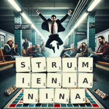 Kreatywna ilustracja do gry w Scrabble ze słowem STRUMIENIANINA ułożonym z płytek na planszy.