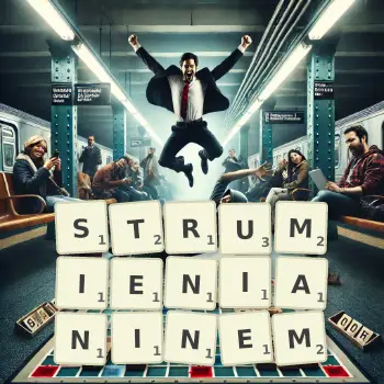 Kreatywna ilustracja do gry w Scrabble ze słowem STRUMIENIANINEM ułożonym z płytek na planszy.