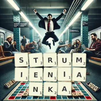 Kreatywna ilustracja do gry w Scrabble ze słowem STRUMIENIANKA ułożonym z płytek na planszy.