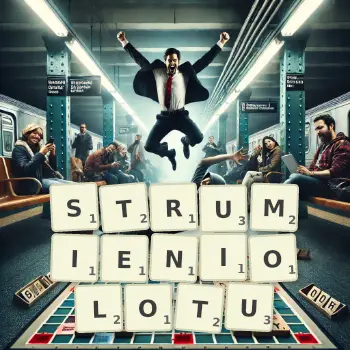 Kreatywna ilustracja do gry w Scrabble ze słowem STRUMIENIOLOTU ułożonym z płytek na planszy.