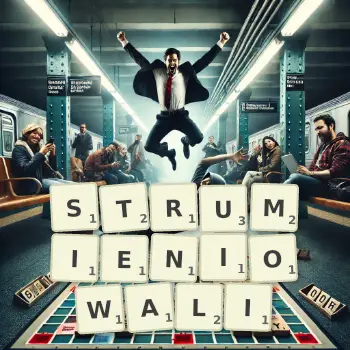 Kreatywna ilustracja do gry w Scrabble ze słowem STRUMIENIOWALI ułożonym z płytek na planszy.