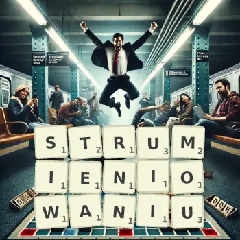 Kreatywna ilustracja do gry w Scrabble ze słowem STRUMIENIOWANIU ułożonym z płytek na planszy.