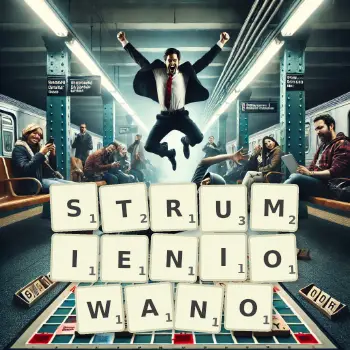 Kreatywna ilustracja do gry w Scrabble ze słowem STRUMIENIOWANO ułożonym z płytek na planszy.